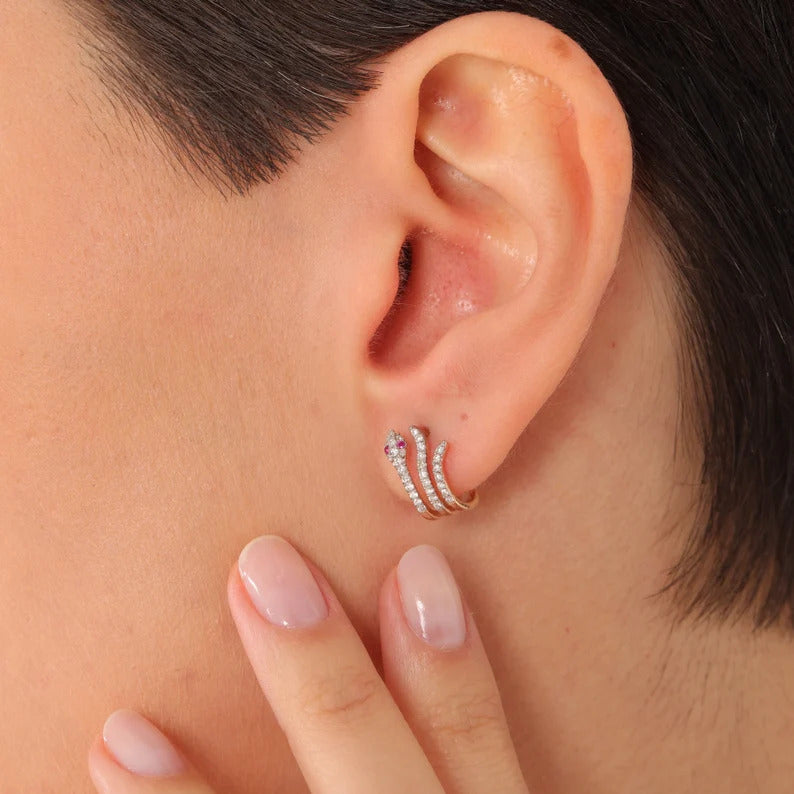 0.38 Ct Pırlantalı Tasarım Wrap Yılan 14 Ayar Rose Altın Küpe