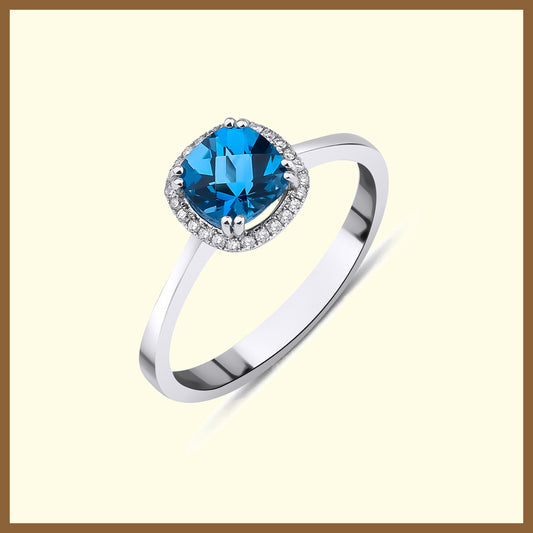 Cushion Kesim London Blue Topaz Pırlantalı Beyaz Altın Yüzük