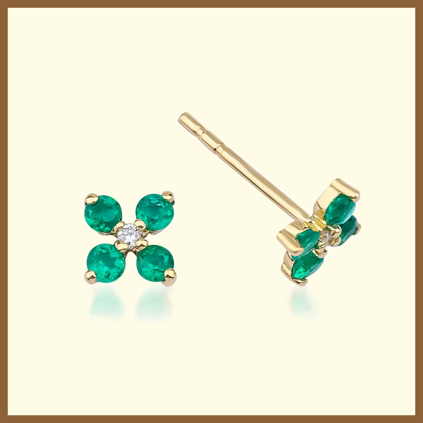 Minimal Yonca Zümrütlü Pırlantalı 14 Ayar Sarı Altın Küpe