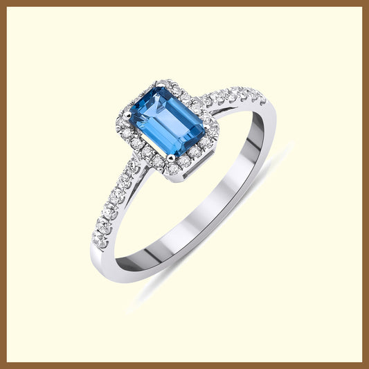 Emerald Kesim London Blue Topaz Pırlantalı Beyaz Altın Yüzük