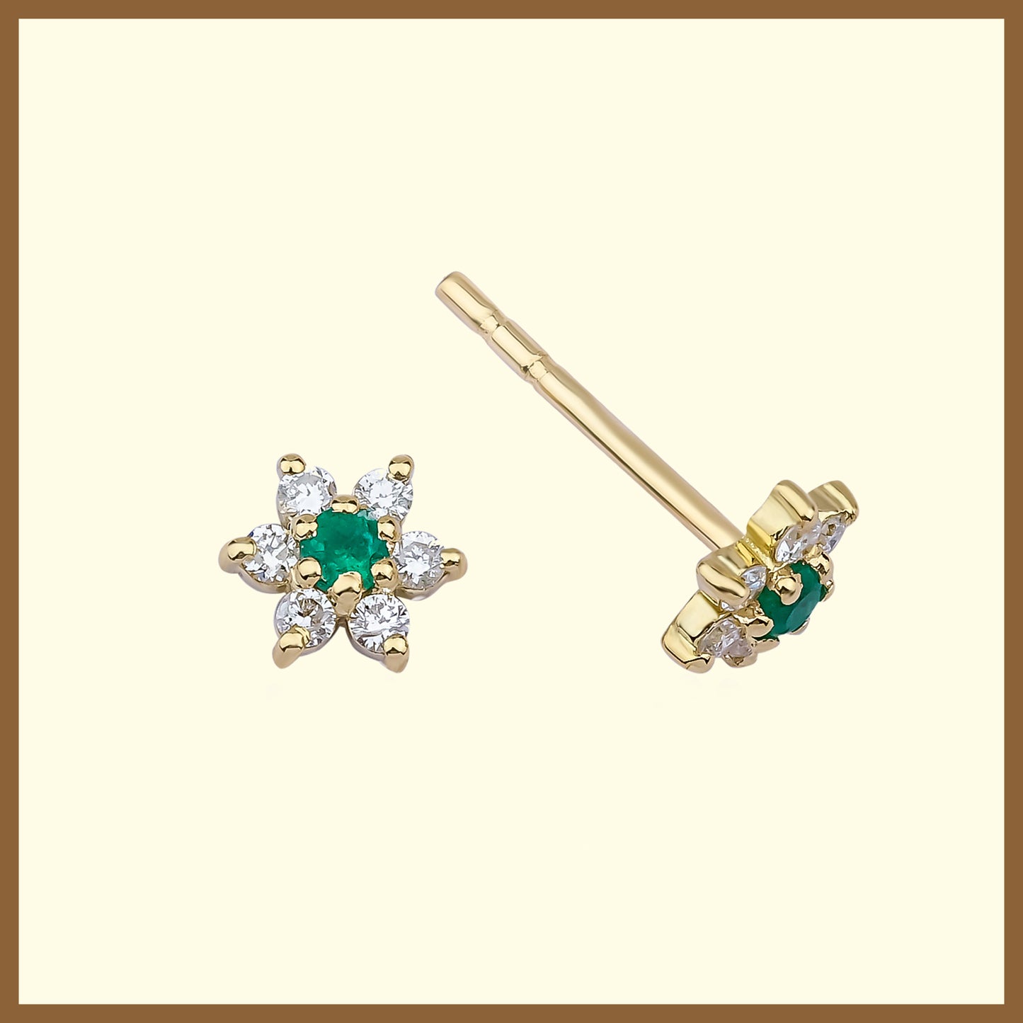 Minimal Çiçek Zümrütlü Pırlantalı 14 Ayar Sarı Altın Küpe